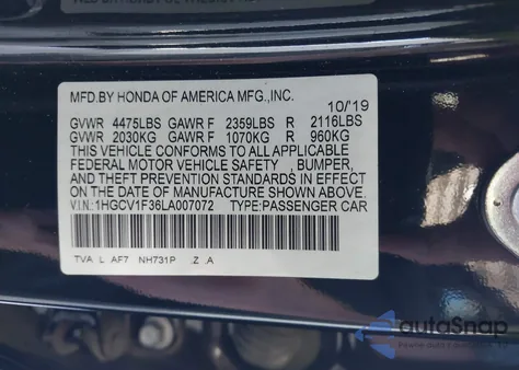 2020 Honda Accord Sport from USA, damaged, VIN 1HGCV1F36LA007072